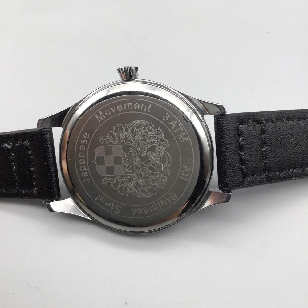 Vince Camuto Mens Watch 42mm Silver Tone Blue Dial Black Faux Leather 3ATM